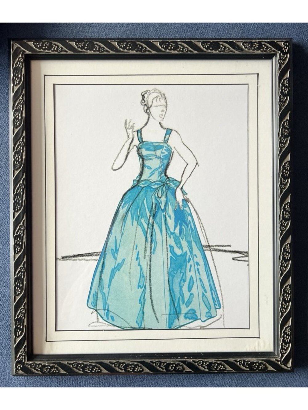 FASHION Art Framed  19"H x 16" W Night on the Town III Sketch Blue Black Matted